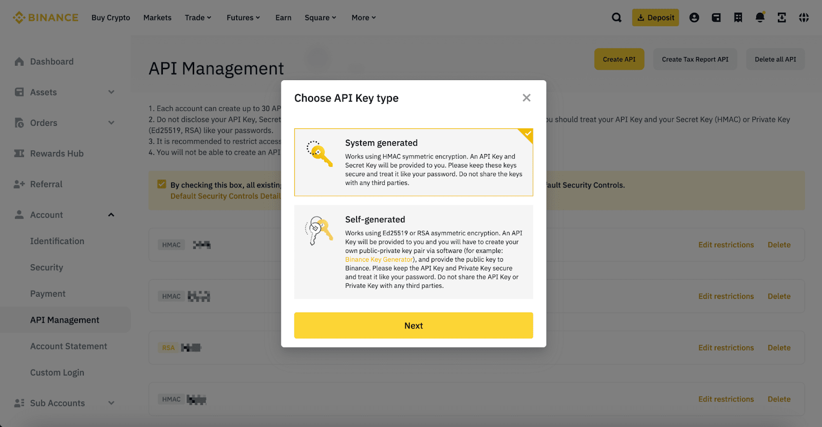 Binance API Management — Account Menu