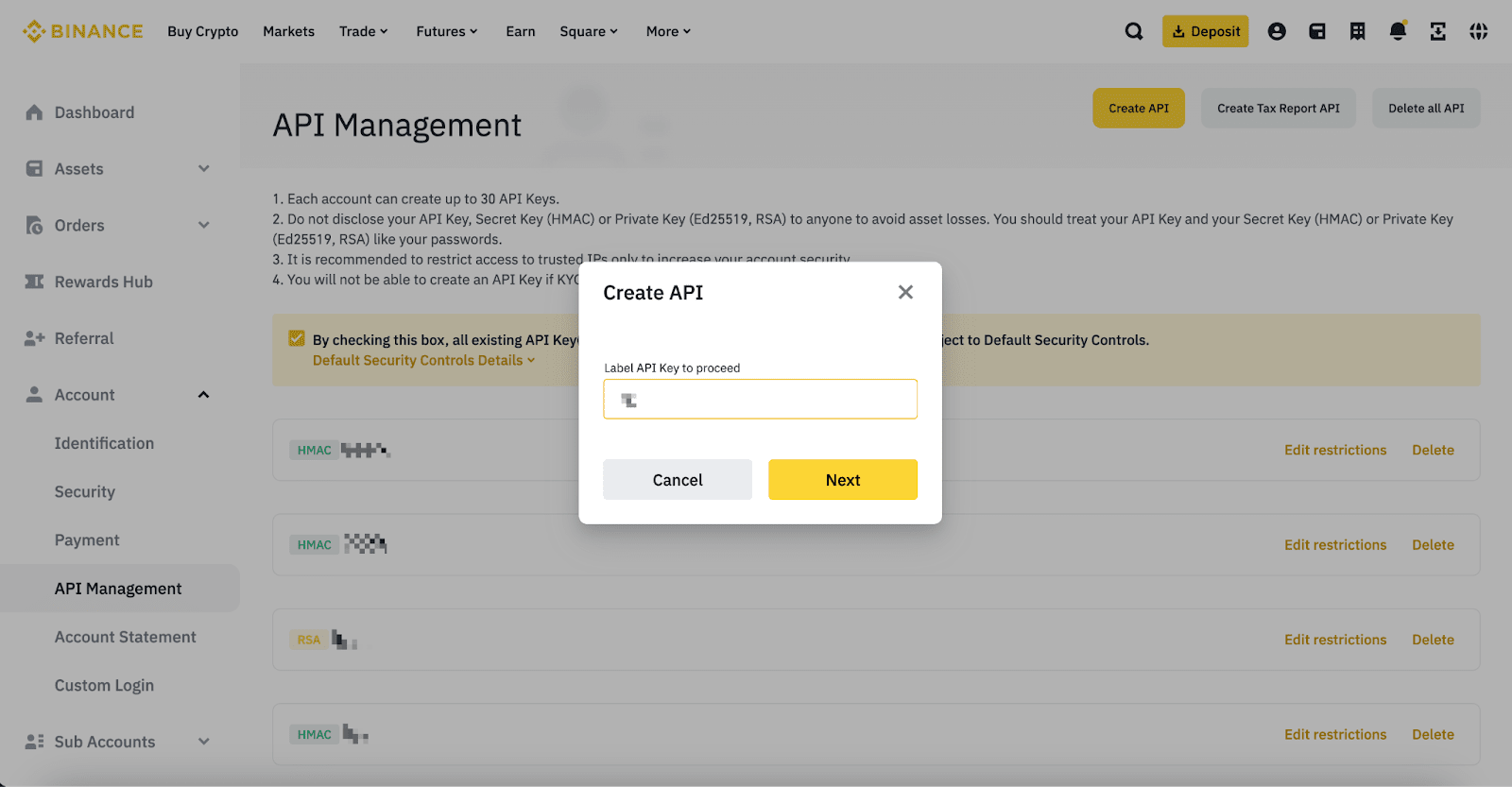 Binance API Management & Create API