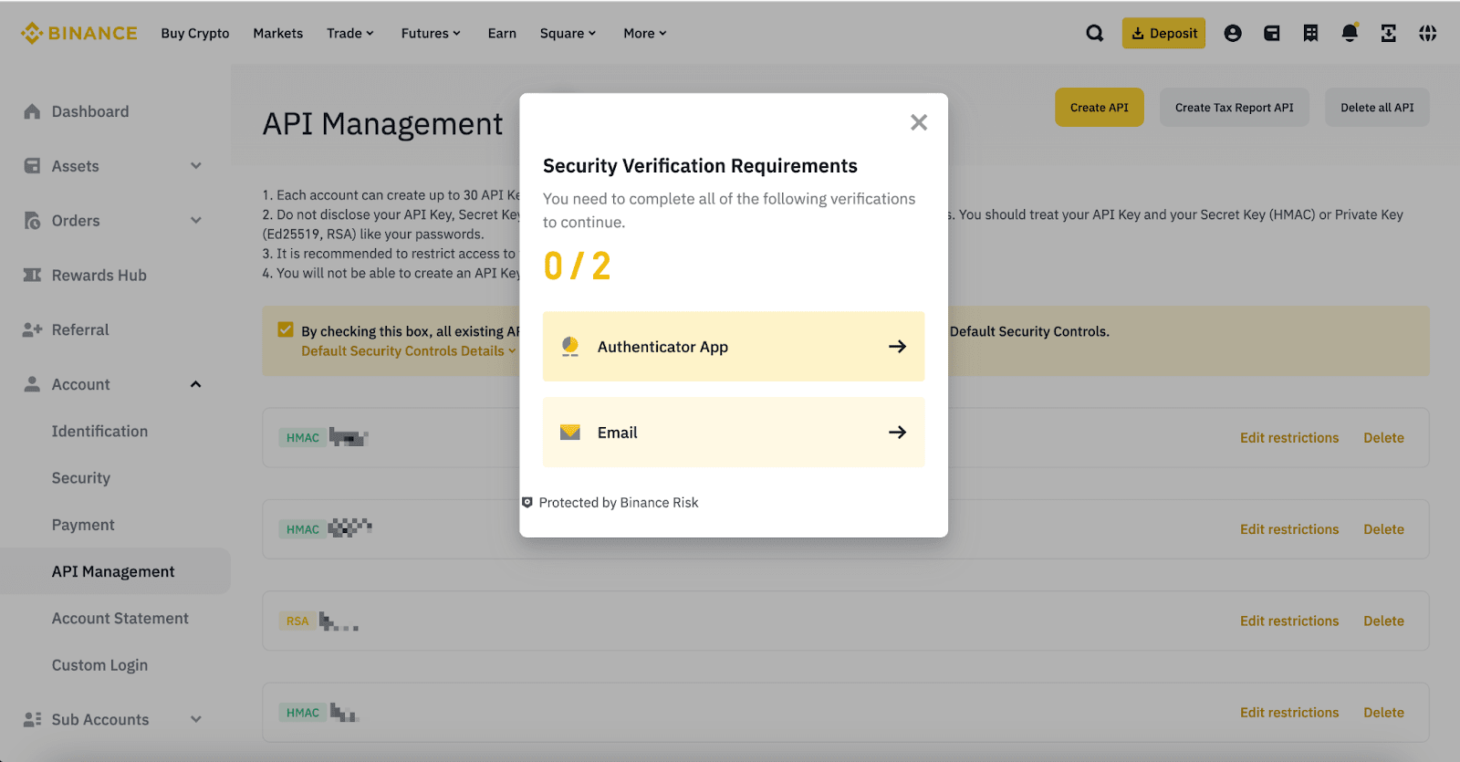 Selecting API key type on Binance — System generated