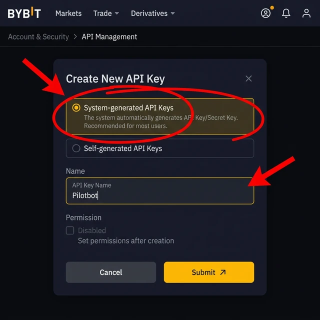Creating a new Bybit API key — System-generated, name Pilotbot