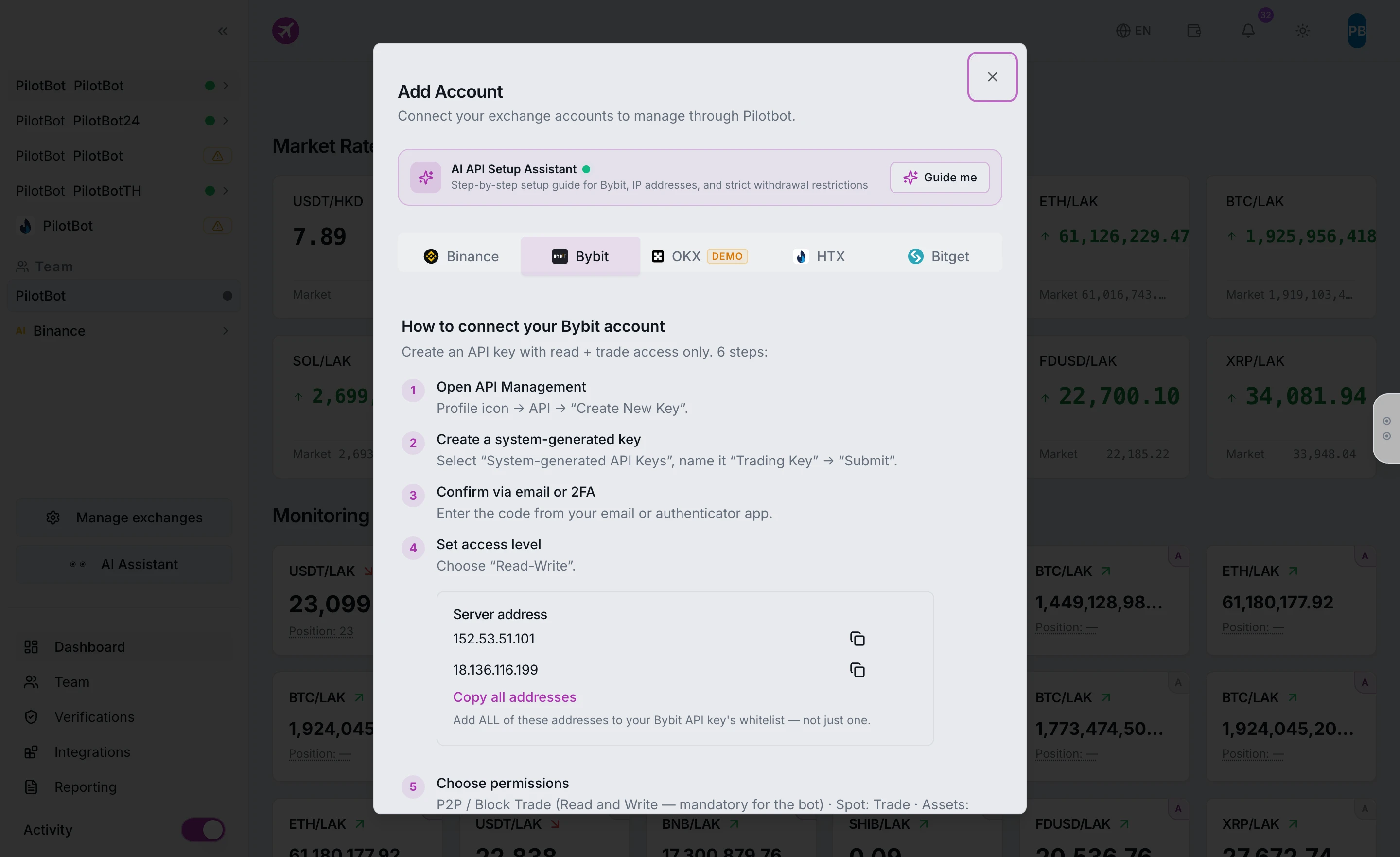 Inserting API Key and Secret Key into Pilotbot (Bybit)
