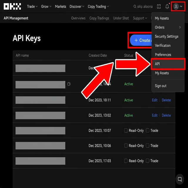 OKX API Management — navigation to the API section and Create button