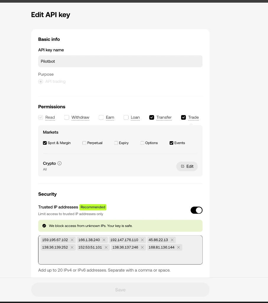 Configuring OKX API permissions — Read, Trade, IP whitelisting