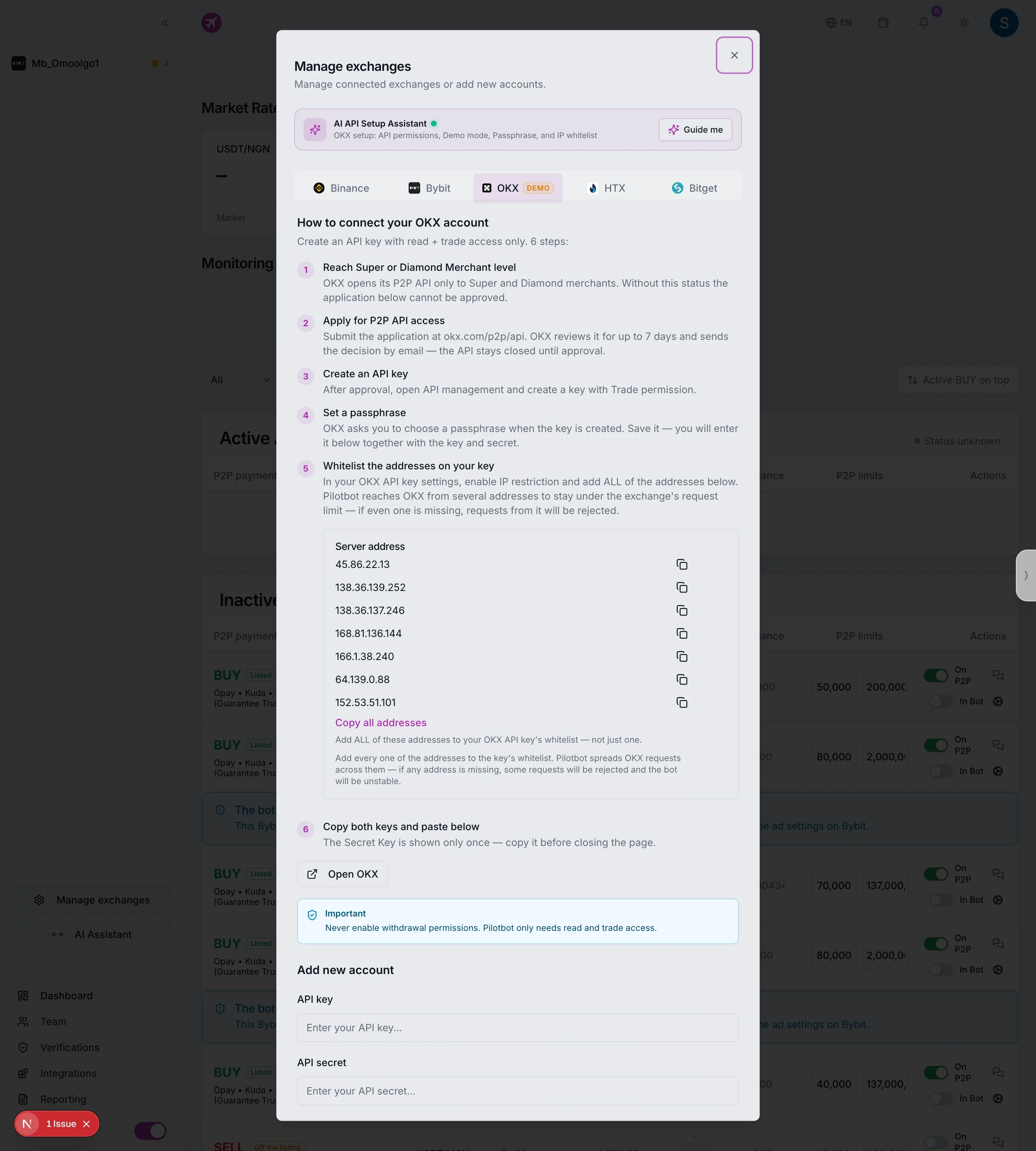 Pasting API Key, Secret Key, and Passphrase into Pilotbot (OKX)