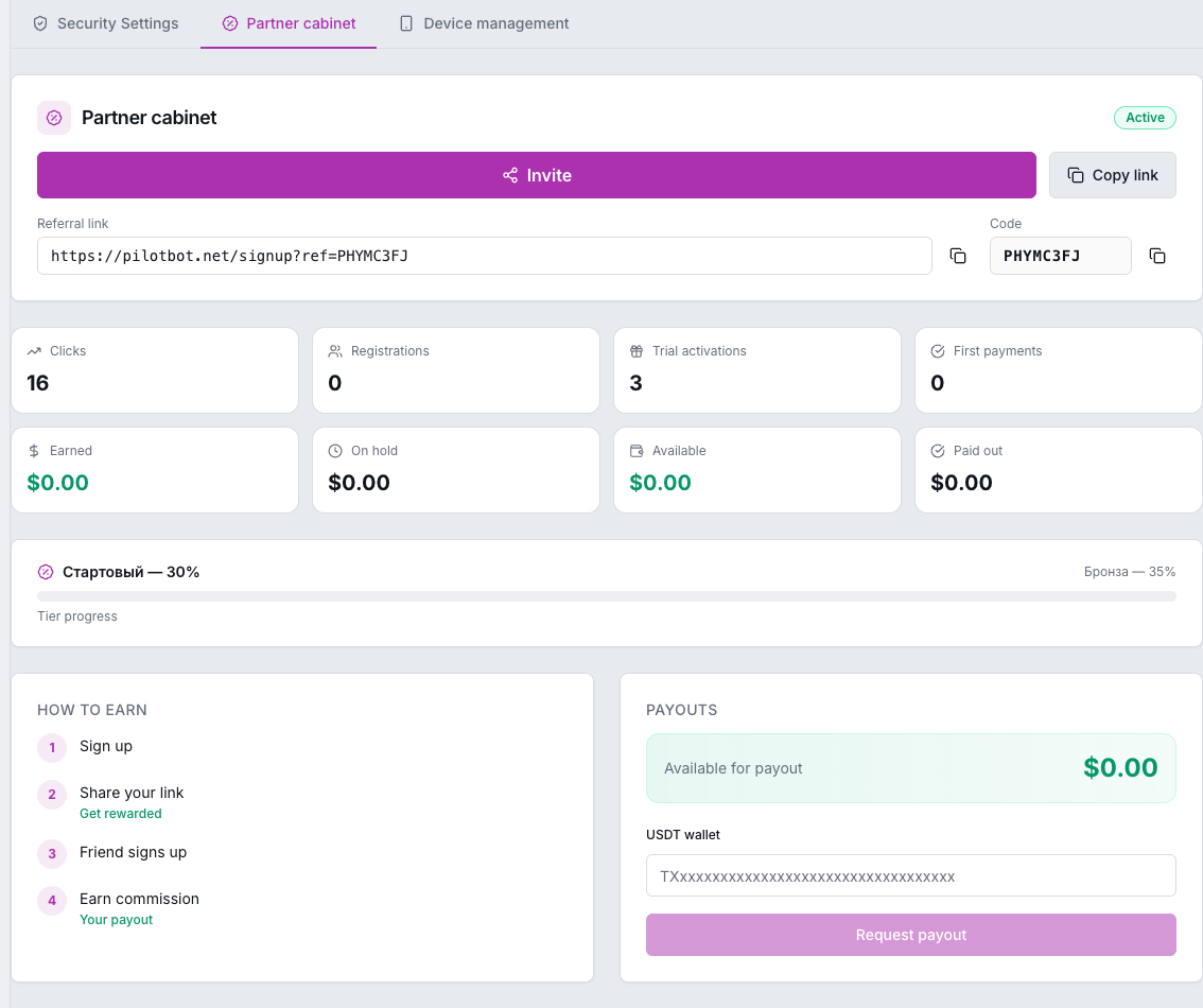 Partner cabinet overview in your profile
