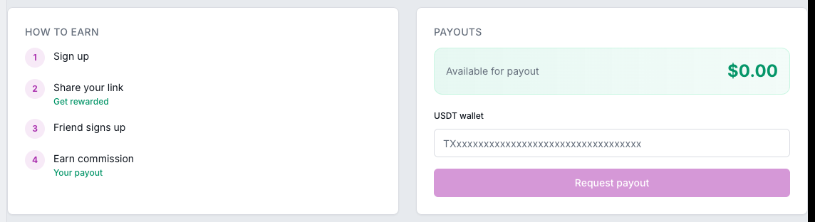 Payout block — request payout to your USDT wallet